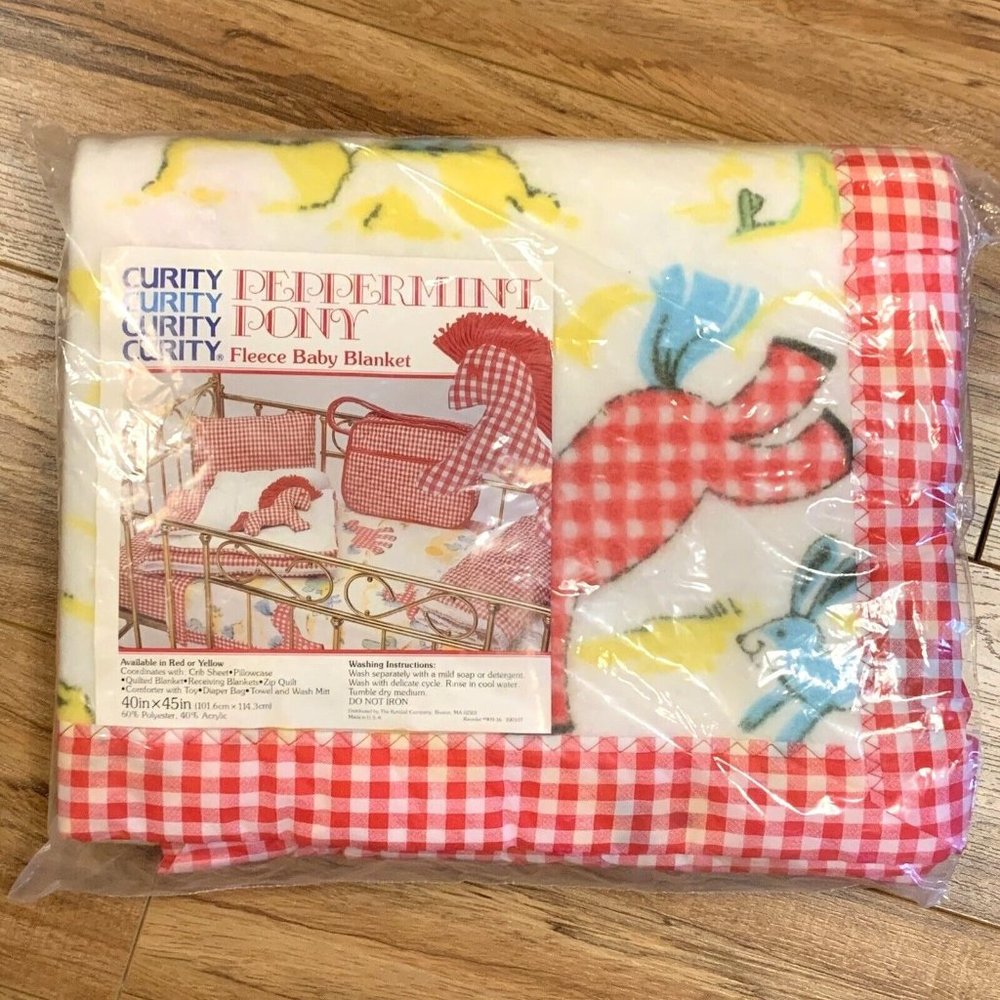 Vtg Curity Fleece Acrylic Baby Blanket Red White Satin Crib 1979 40"x45" Horse